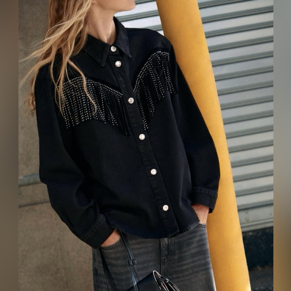 Zara Black Denim Studded Cowboy Western Shirt Jacket Size S✨